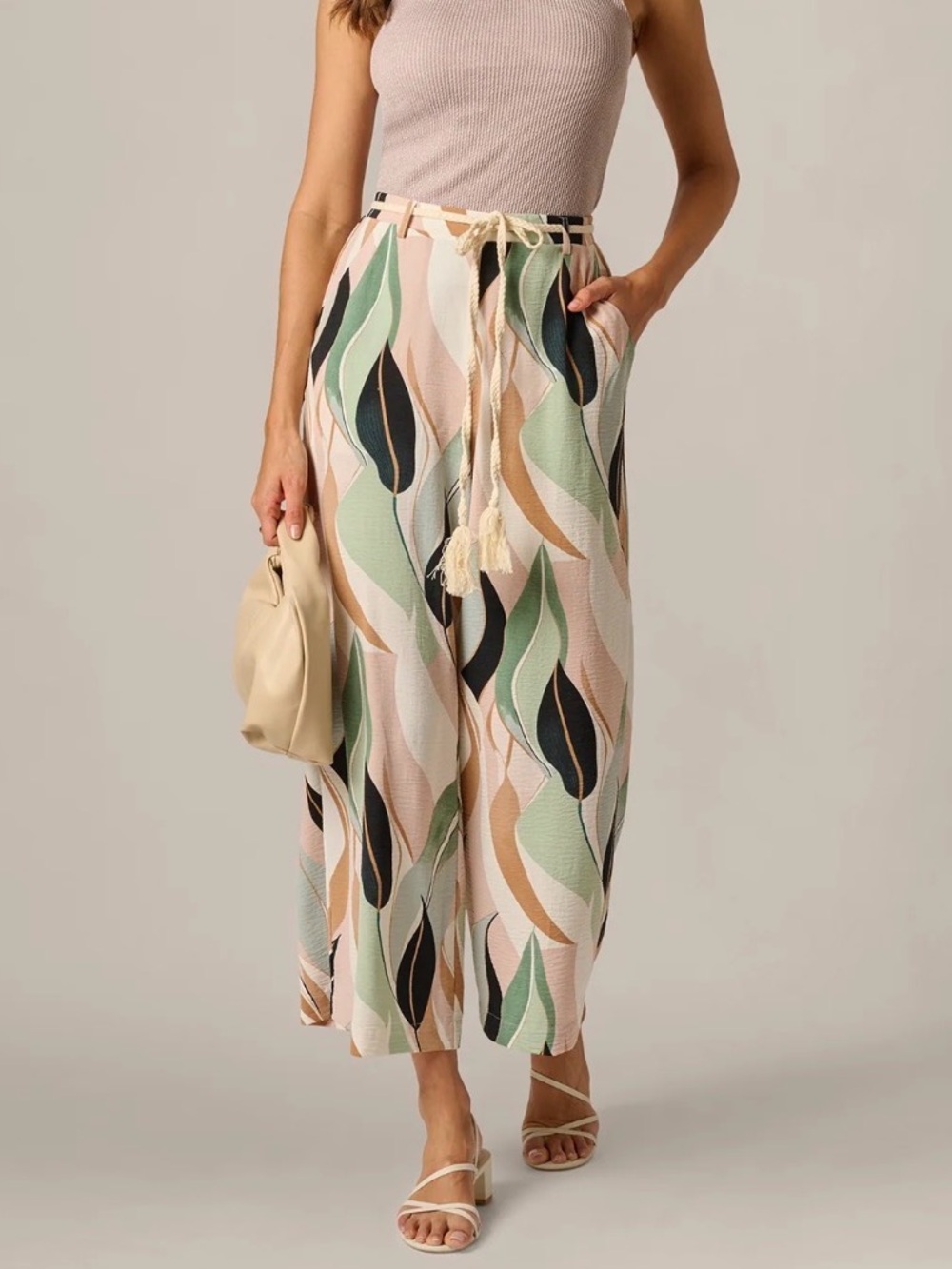 Flowy Wide-Leg Tropical Leaf Print Pants - Pink & Green Adrianna Papell NWT
